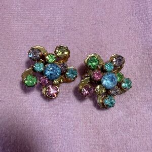 Vintage Uranium Glass Multi Colored Stone Clip Back Earring